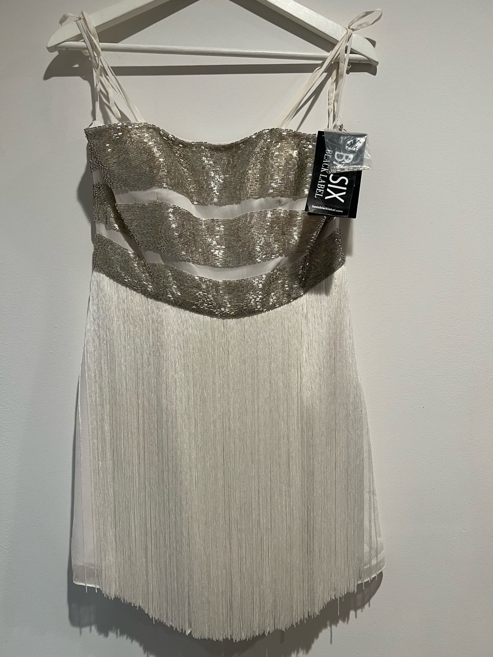 Basix Black Label Silk Beaded Fringe Cocktail Dress White Silver Size 4